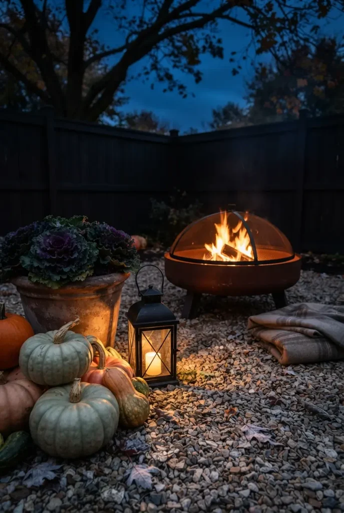Cottage fire pit ideas: fire safe fall decor with pumpkins, kale and an iron lantern