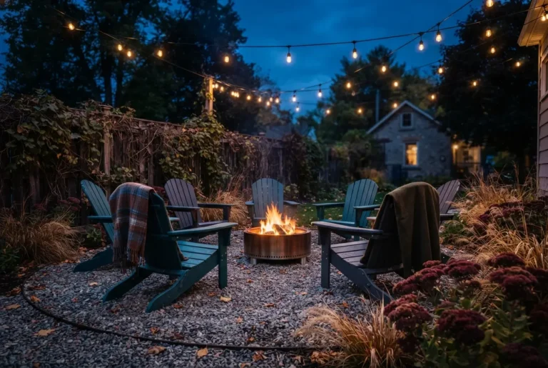 Cottage fire pit ideas: gravel fire pit circle with Adirondack chairs and café bulbs at dusk