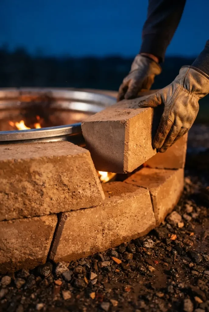 Cottage fire pit ideas: stacked block fire pit ring with a metal insert going in