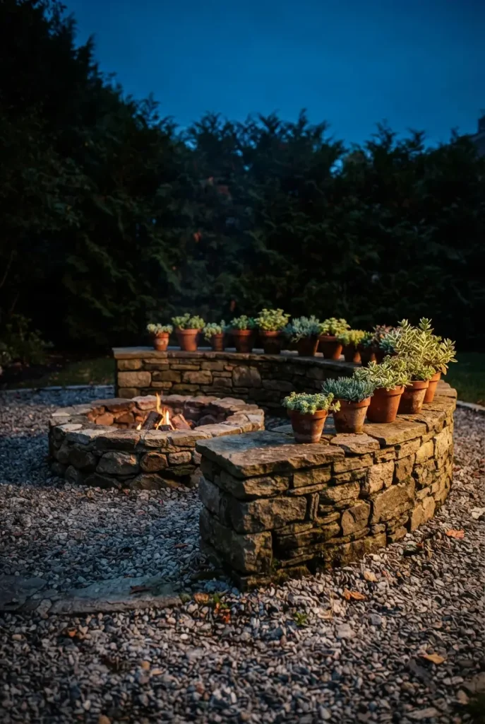 Cottage garden fire pit sunk into gravel with a low stone seat wall at dusk