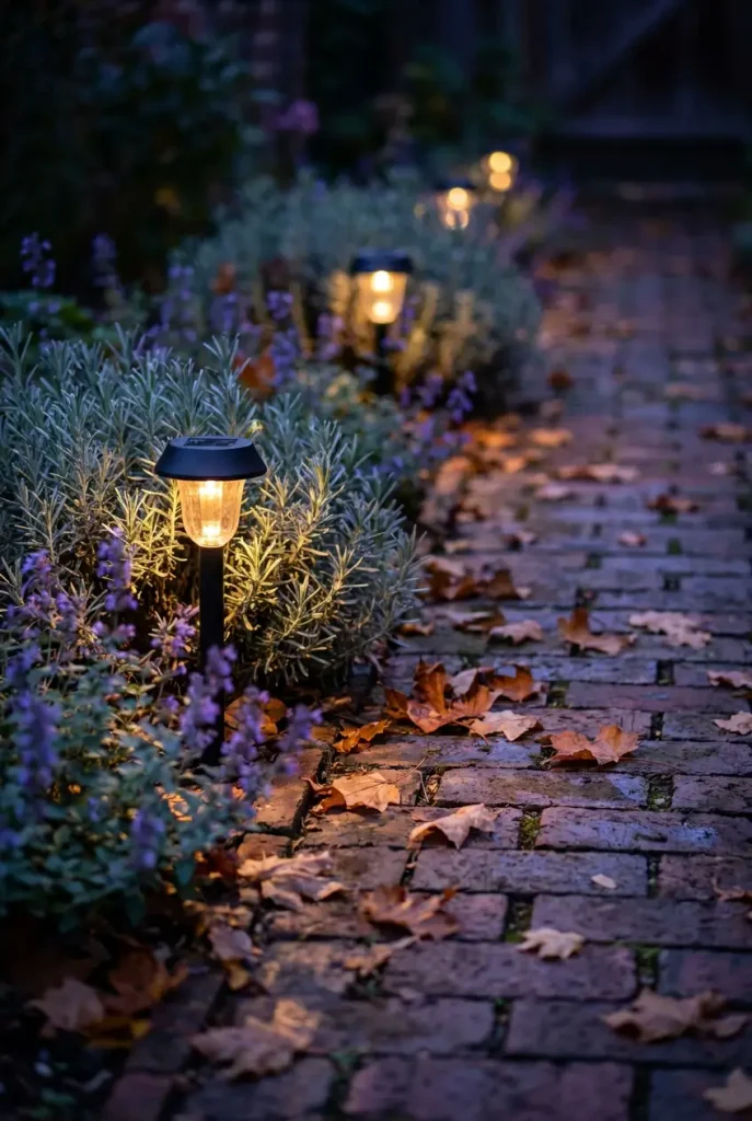 Cottage garden lighting with solar stake lights hidden behind lavender along a brick path at dusk