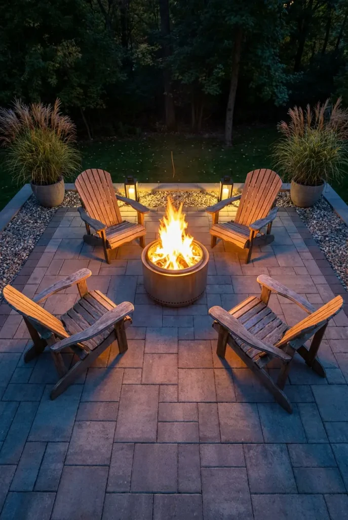 Cottage outdoor lighting around a fire pit with battery lanterns behind Adirondack chairs on a paver patio
