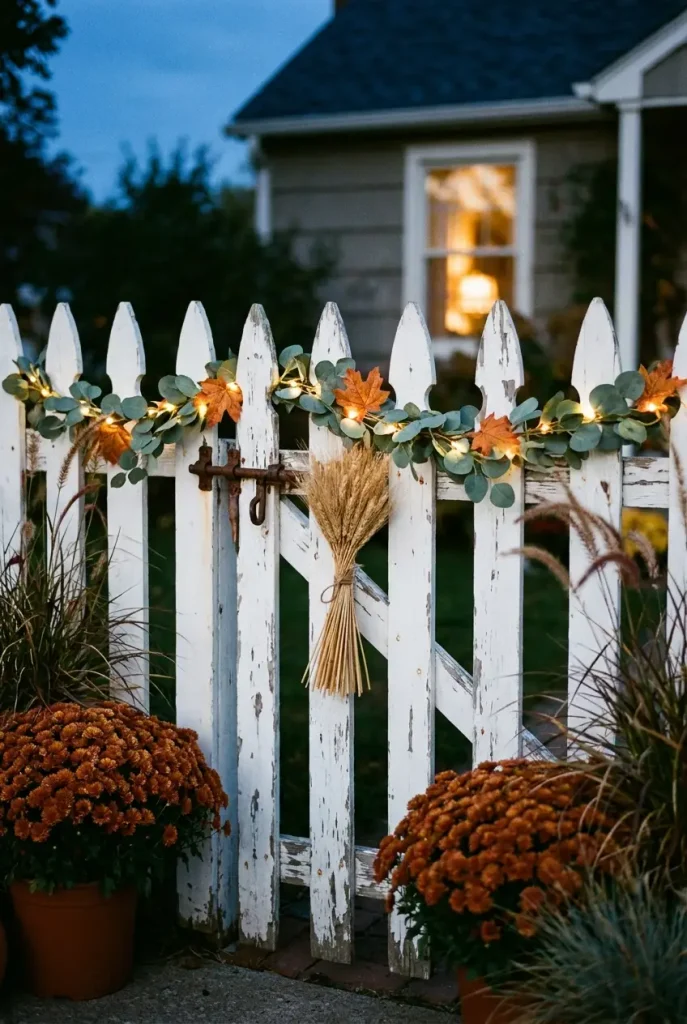 Cottage outdoor lighting ideas for fall with a lit eucalyptus garland draped over a white garden gate