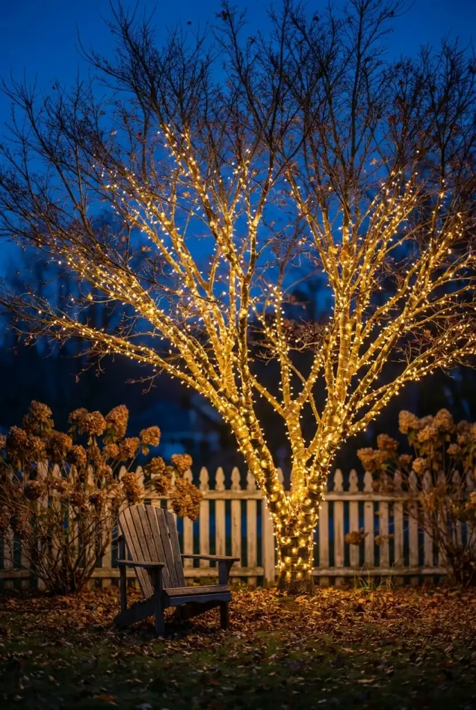 Cottage outdoor lighting ideas with fairy lights wrapped along the branches of a bare maple tree at dusk