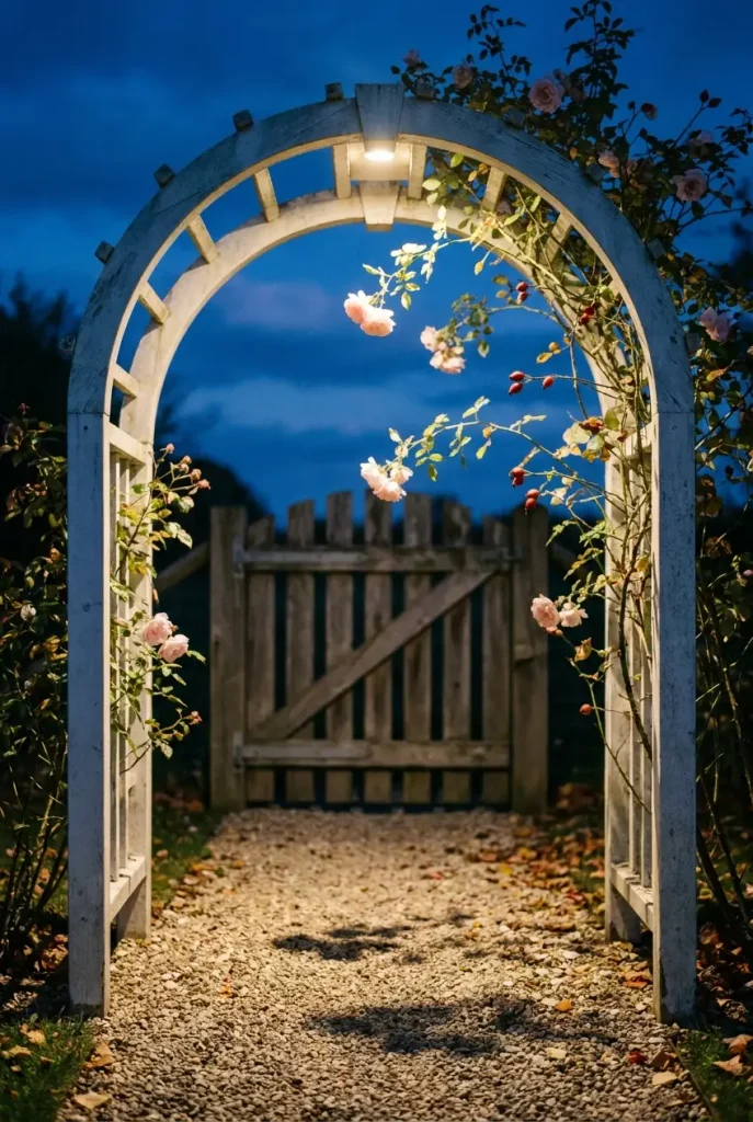 Cottage outdoor lighting on a rose arbor lit softly from above with leaf shadows on a gravel path