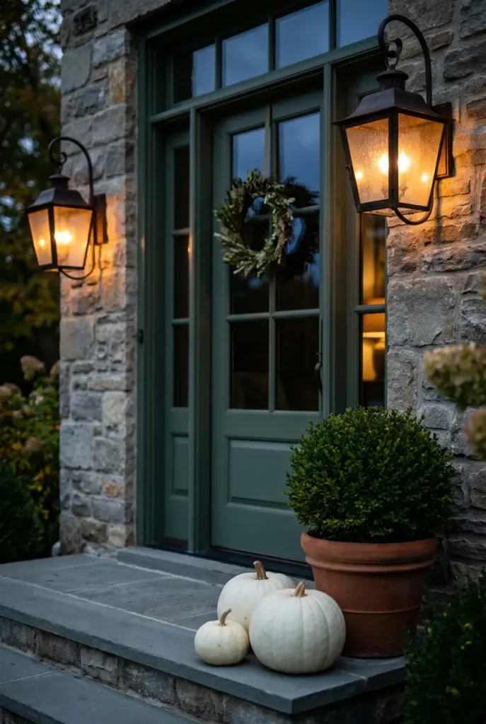 Cottage outdoor lighting with a pair of black lantern sconces beside a green front door at dusk