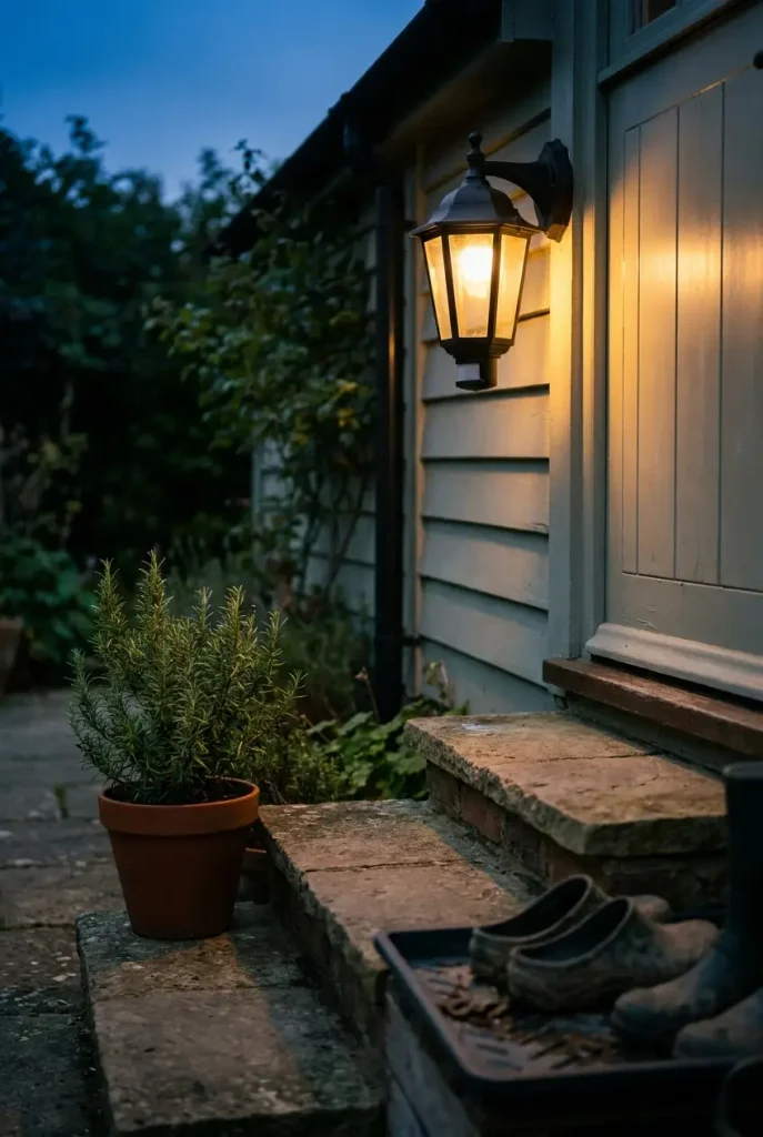 Cottage outdoor lighting with a warm motion sensor lantern by a side door instead of a floodlight
