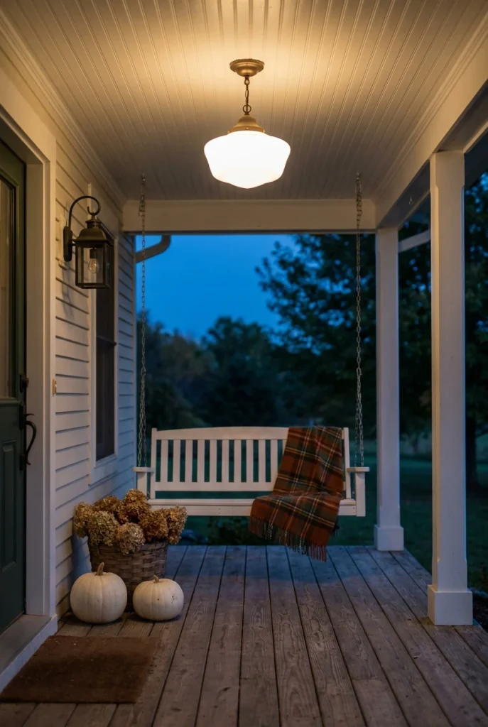 Cottage style outdoor lighting with a schoolhouse glass pendant over a porch swing at dusk