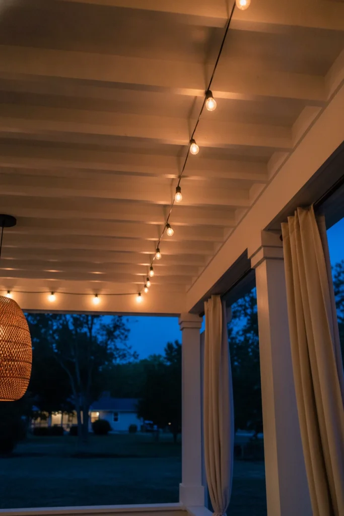 Covered patio lighting with café bulbs run between beams on a porch ceiling