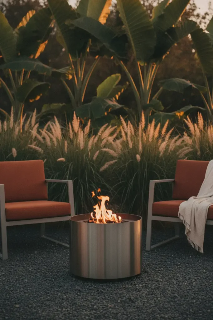 Cozy backyard ideas for fall with a smokeless fire pit, throws and tropical foliage at dusk