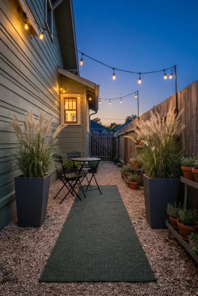 Cozy backyard ideas on a budget: a side yard nook with a runner rug, bistro set, and café lights