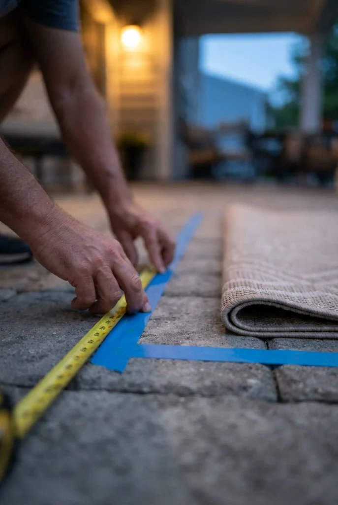 Cozy backyard makeover planning: hands taping out a small seating zone on patio pavers