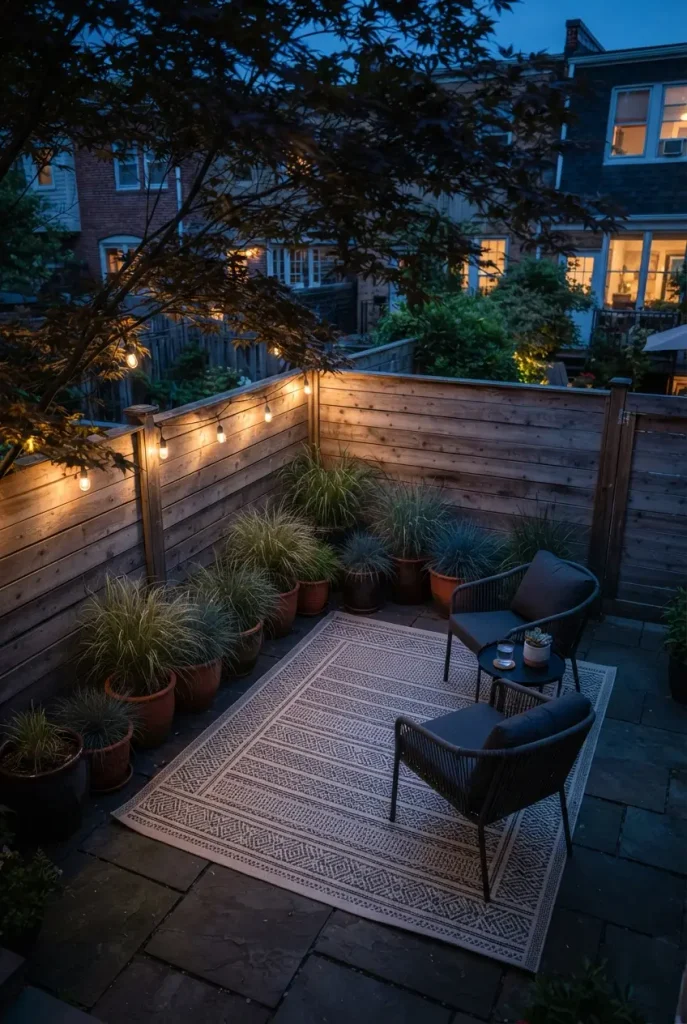 Cozy backyard seating zone seen from above with a rug floor, fence and grass walls, and branches overhead