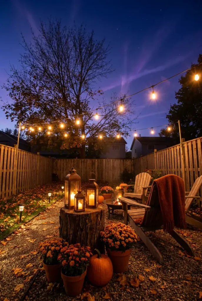 Cozy outdoor lighting ideas for fall with cafe bulbs, lanterns and path lights at dusk