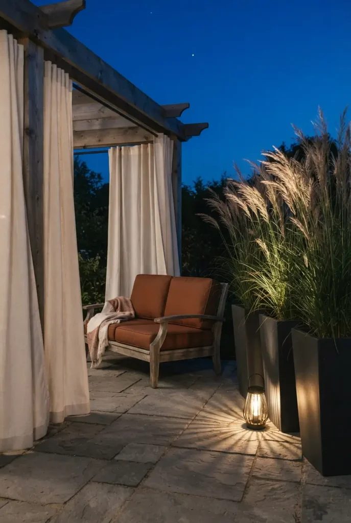 Cozy patio ideas: a corner walled in by outdoor curtains and tall planters of feather reed grass