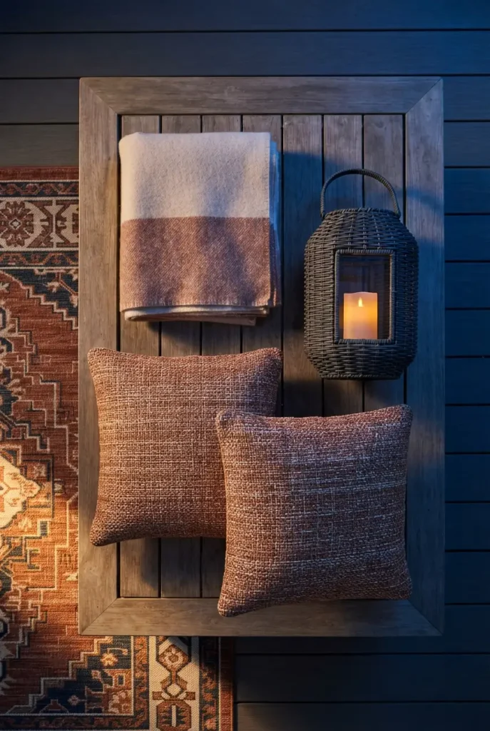 Cozy patio ideas on a budget: weatherproof outdoor rug, pillows, and a wicker lantern from above