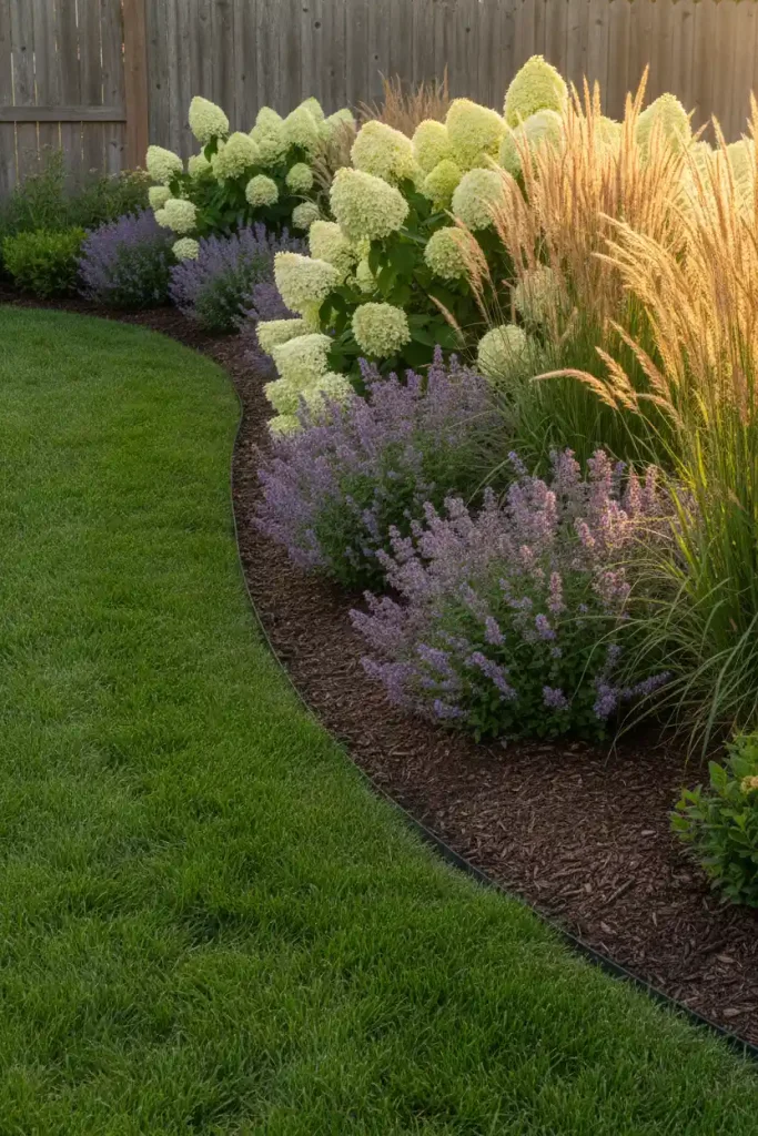 Curved lawn edge beside a border of hydrangea, catmint, and feather reed grass in a small backyard