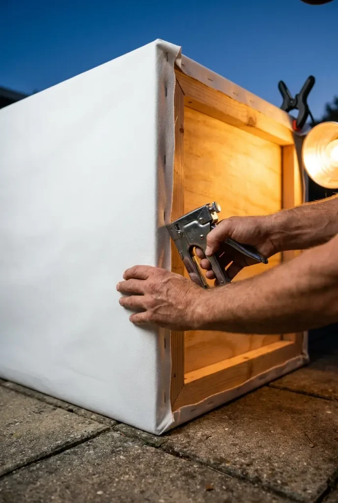 DIY backyard movie night screen made by stapling blackout cloth to a 2x2 wood frame