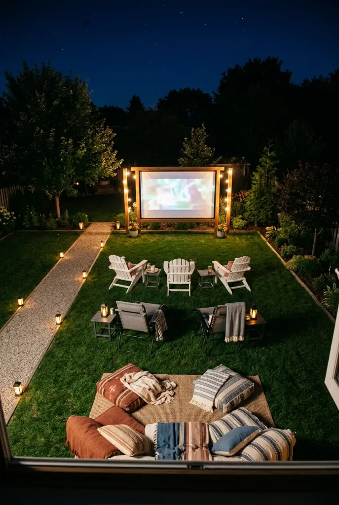 DIY backyard movie night seating in three rows from floor cushions to Adirondack chairs