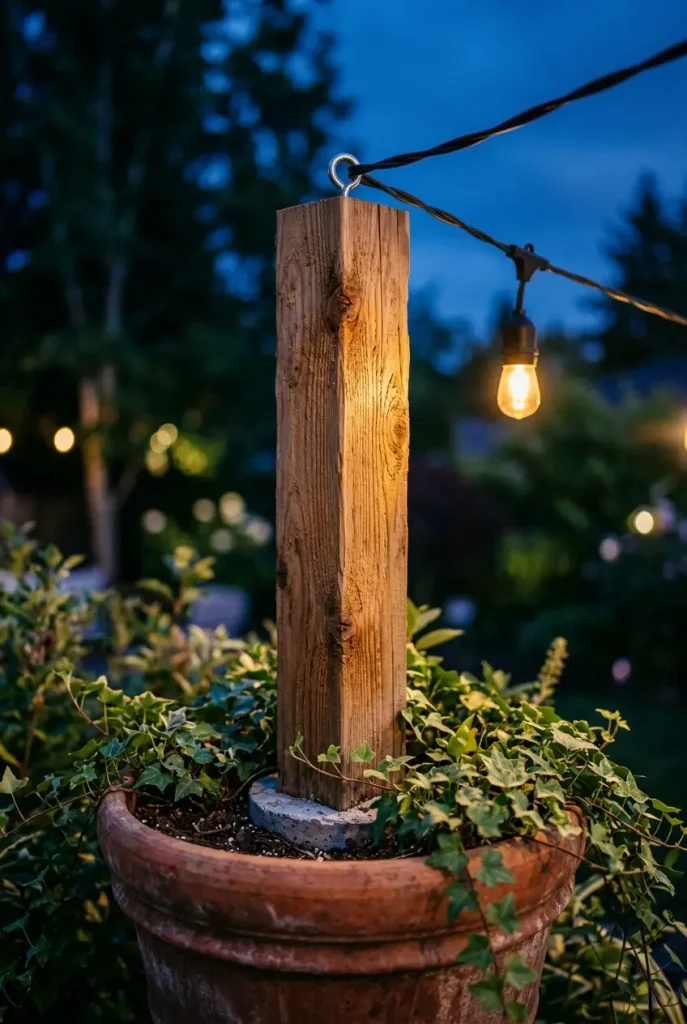 DIY cedar post in a planter anchoring rustic outdoor string lights without drilling