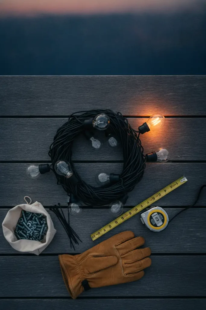 DIY cedar posts anchoring boho backyard string lights across a small yard