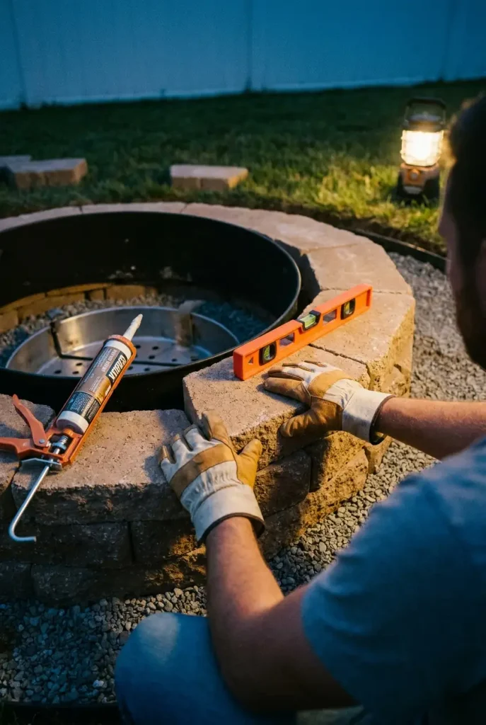 DIY cinder block fire pit alternative: hands setting retaining wall blocks around a steel fire pit insert