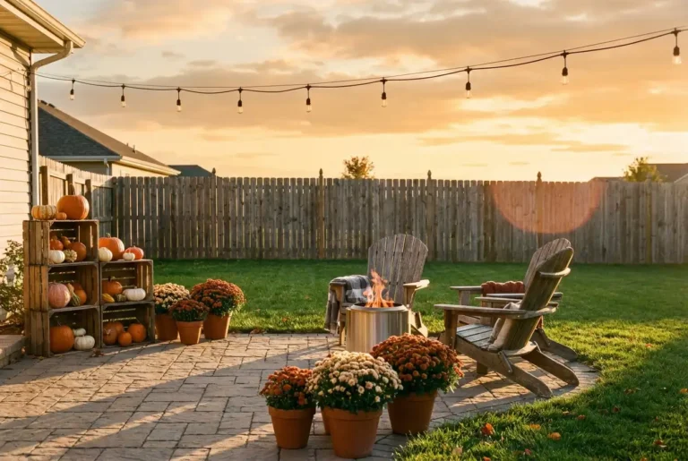 DIY fall backyard decor ideas with a crate pumpkin stack, mums and café bulbs at golden hour
