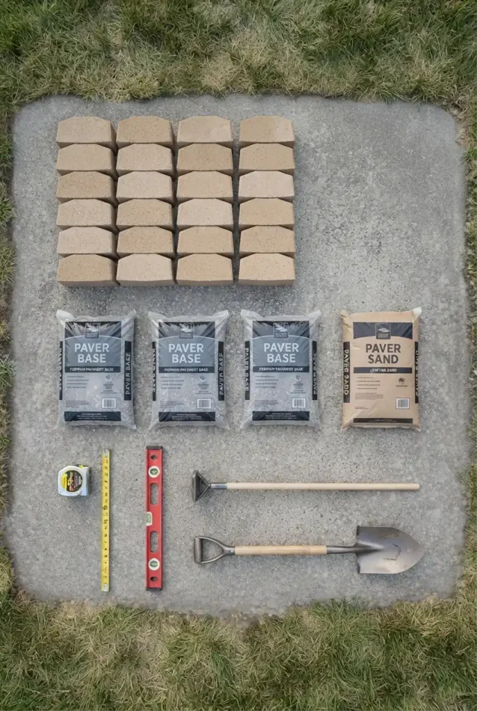 DIY fire pit with pavers: block, base, sand and tools laid out before the build