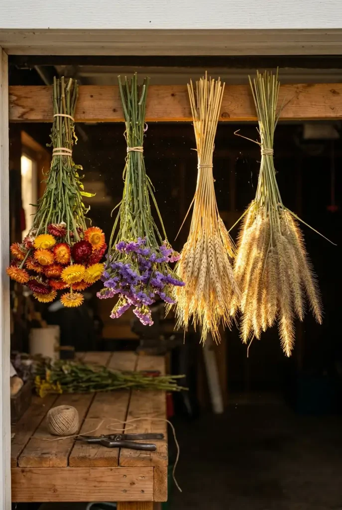Dried fall flowers hanging upside down to dry for fall flower decor projects
