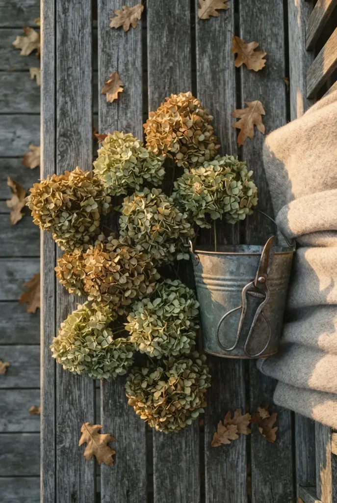 Dried hydrangea heads on a cedar bench for cottage garden fall decor