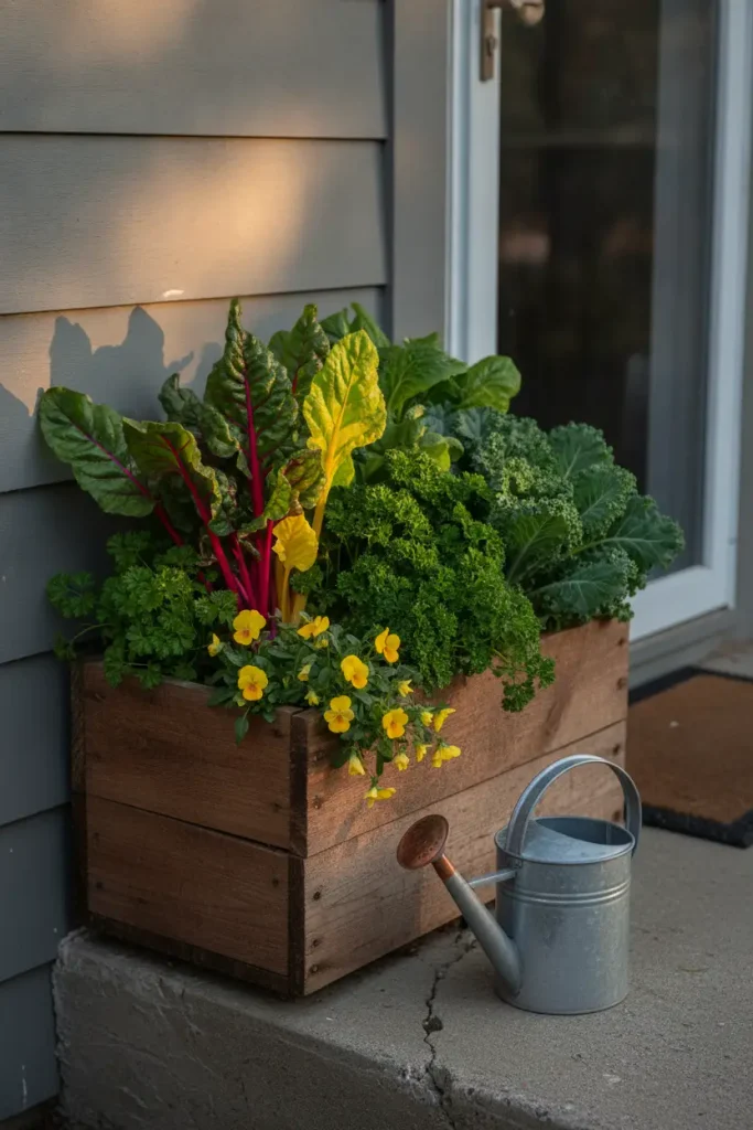 Edible fall container plants with rainbow chard, parsley, kale and violas