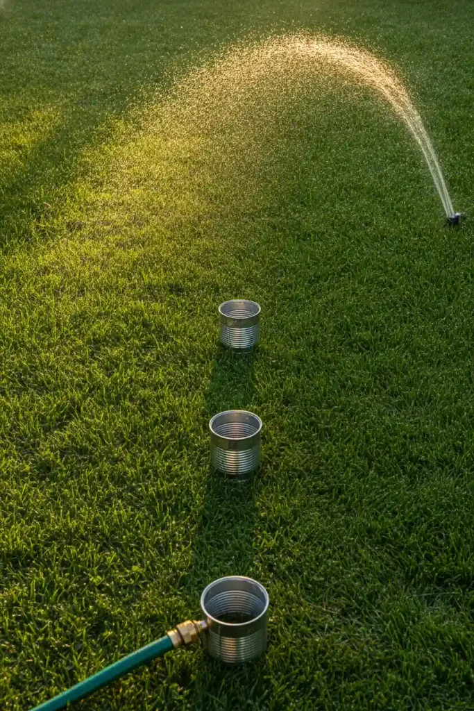Empty tuna cans on a backyard lawn measuring sprinkler output at sunrise