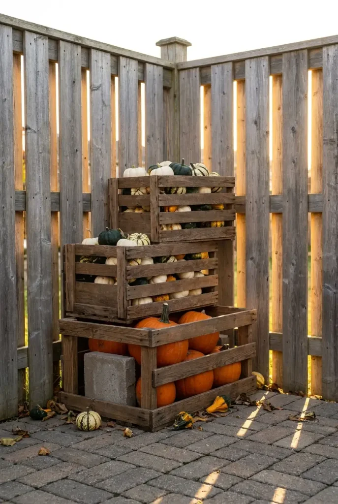 Fall backyard decor crate stack weighted with pumpkins and gourds against a fence