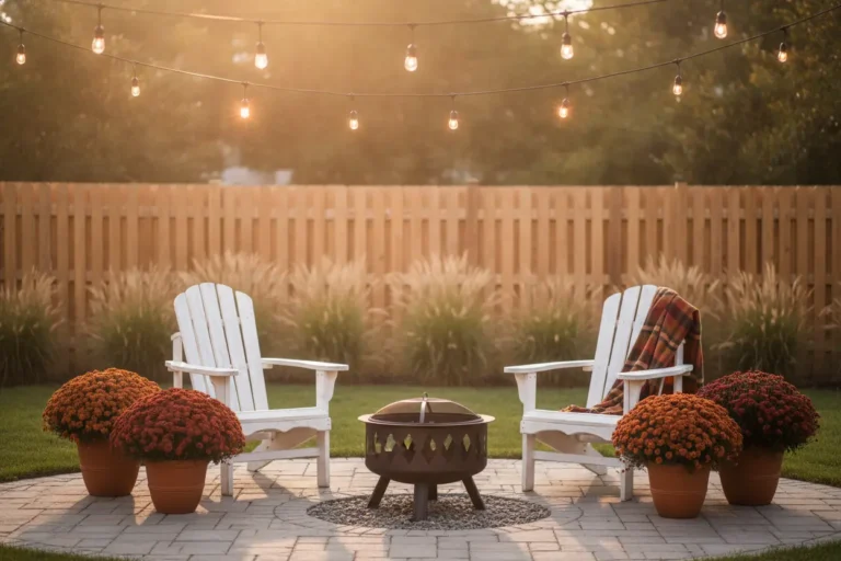 Fall backyard decor ideas on a paver patio with mums, plaid blanket, and café string lights at golden hour