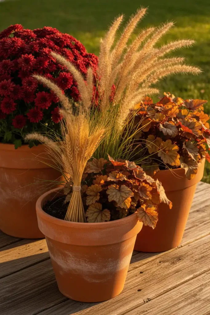 Fall backyard decor in terracotta pots with burgundy mums and dried grasses on a cedar deck