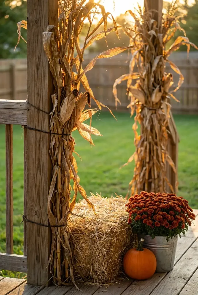 Fall backyard decor with cornstalks tied to a deck post and a straw bale below
