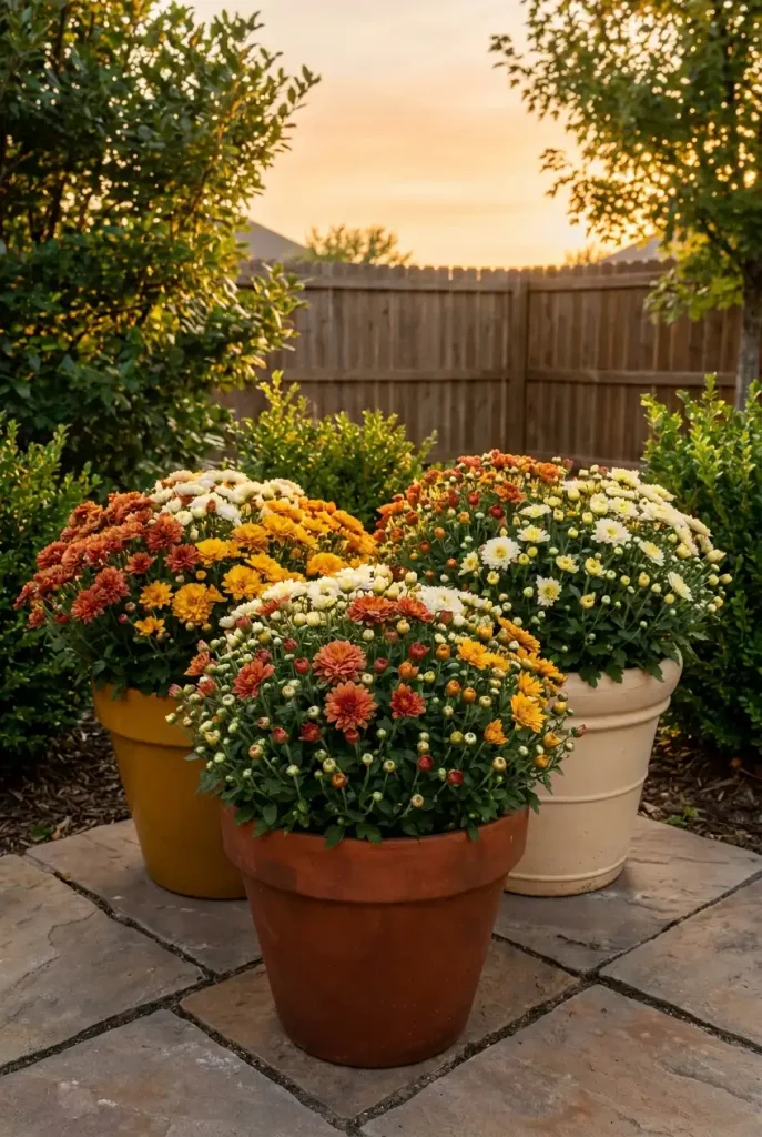 Fall backyard decor with three terracotta pots of rust and gold garden mums on a patio