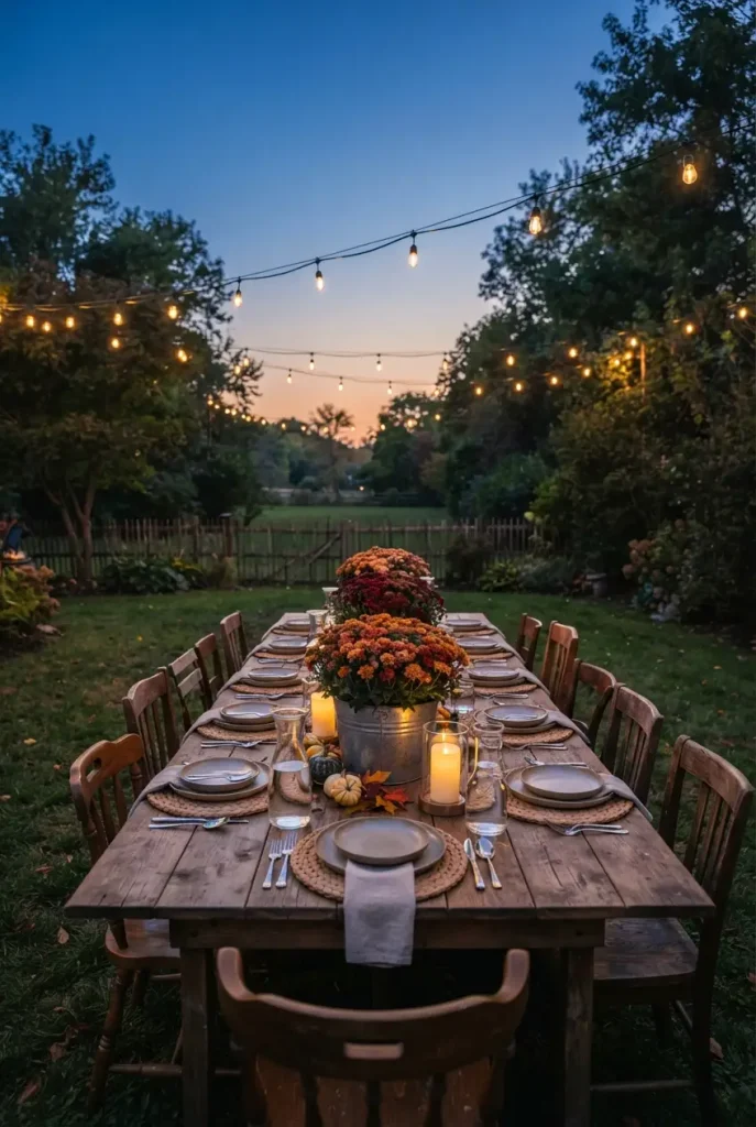 Fall backyard dinner party table with potted mums in galvanized buckets under café lights