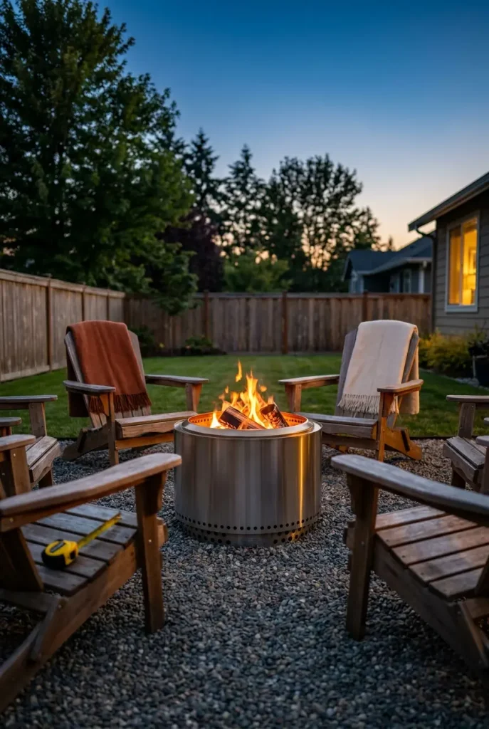Fall backyard fire pit seating area set well clear of the house at dusk