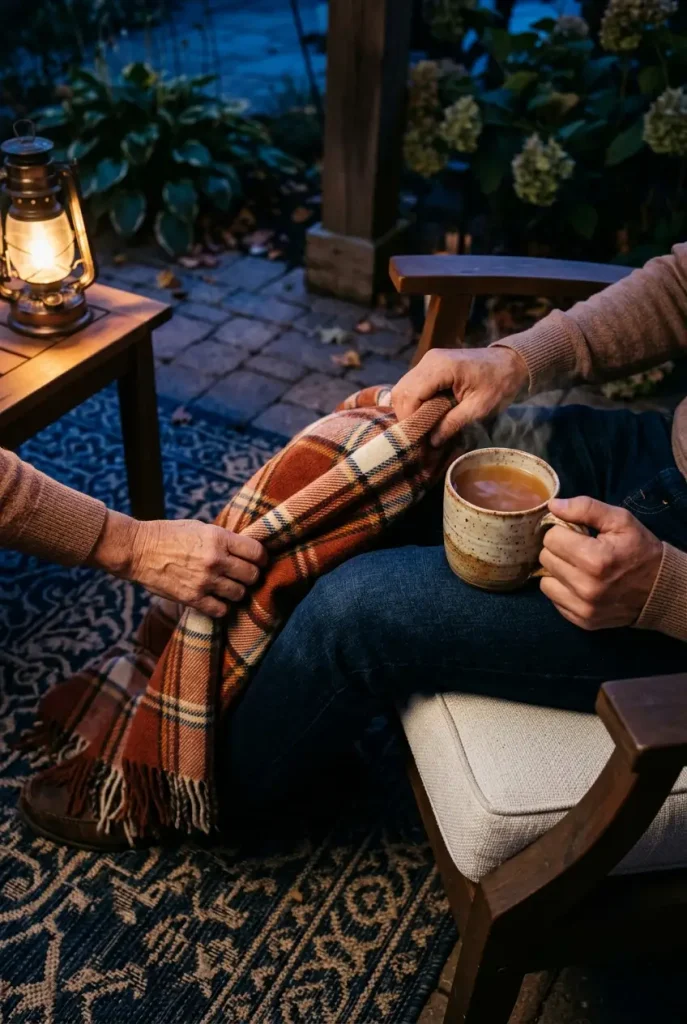 Fall backyard party guest with a plaid throw and hot cider on a cushioned patio seat