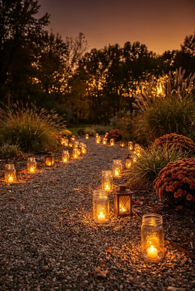 Fall backyard path lined with ankle height lanterns and mason jar tea lights at dusk
