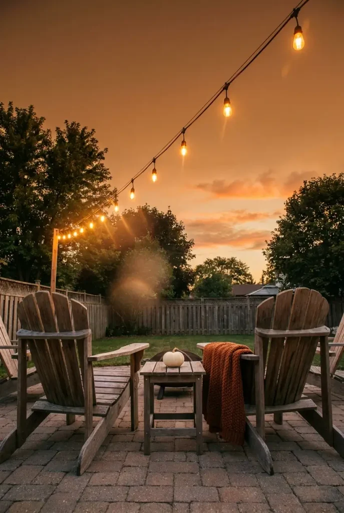 Fall backyard string lights hung low over patio chairs at dusk