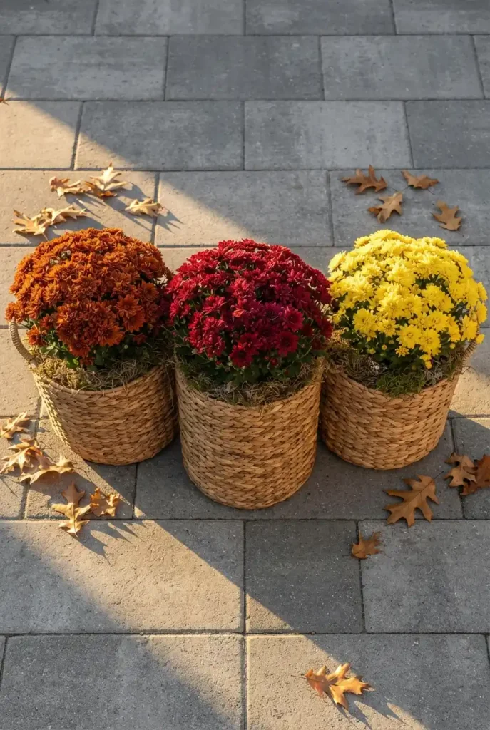 Fall boho patio decor with rust and yellow garden mums in woven seagrass baskets on pavers