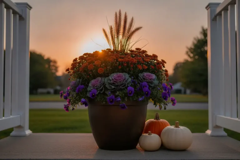 Fall container garden ideas: a bronze porch planter with mums, kale and pansies