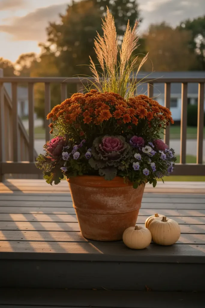 Fall container garden ideas on a porch step with mums, kale and pansies at sunset