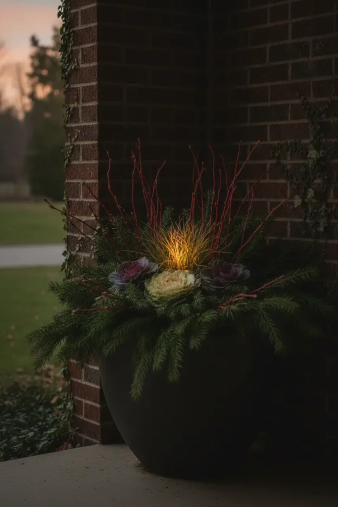 Fall container garden ideas swapped to winter greens and dogwood stems at dusk