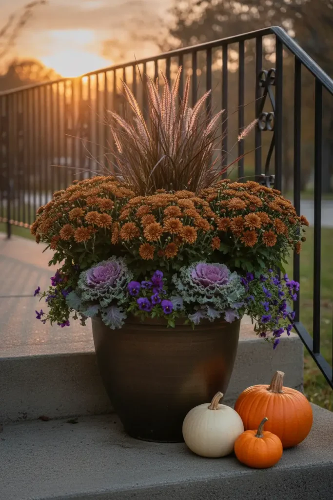 Fall container garden ideas with fountain grass, mums, kale and pansies on a step