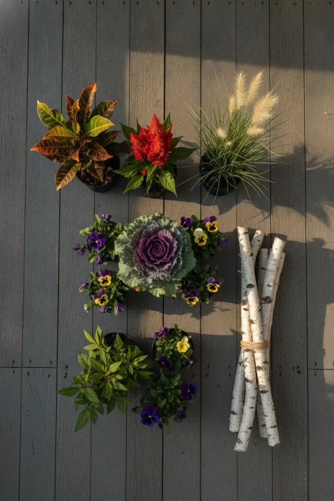 Fall container garden plants sorted into three frost layers on porch boards