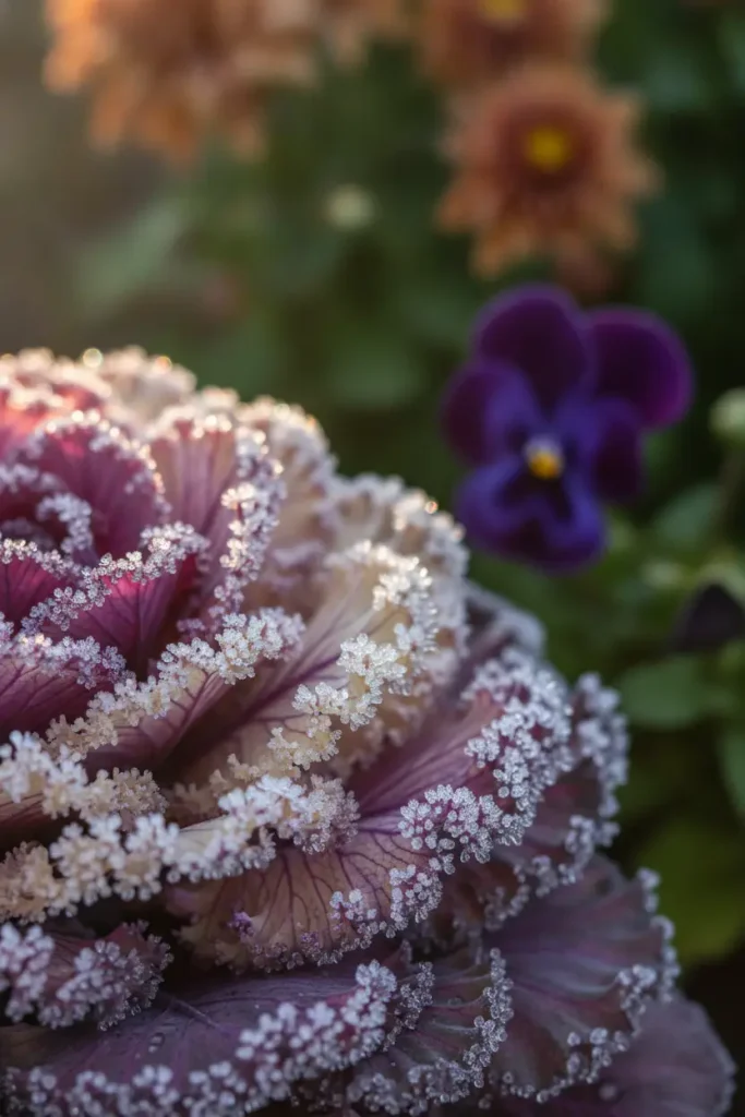 Fall container plants close up with frost on ornamental kale leaves in a pot