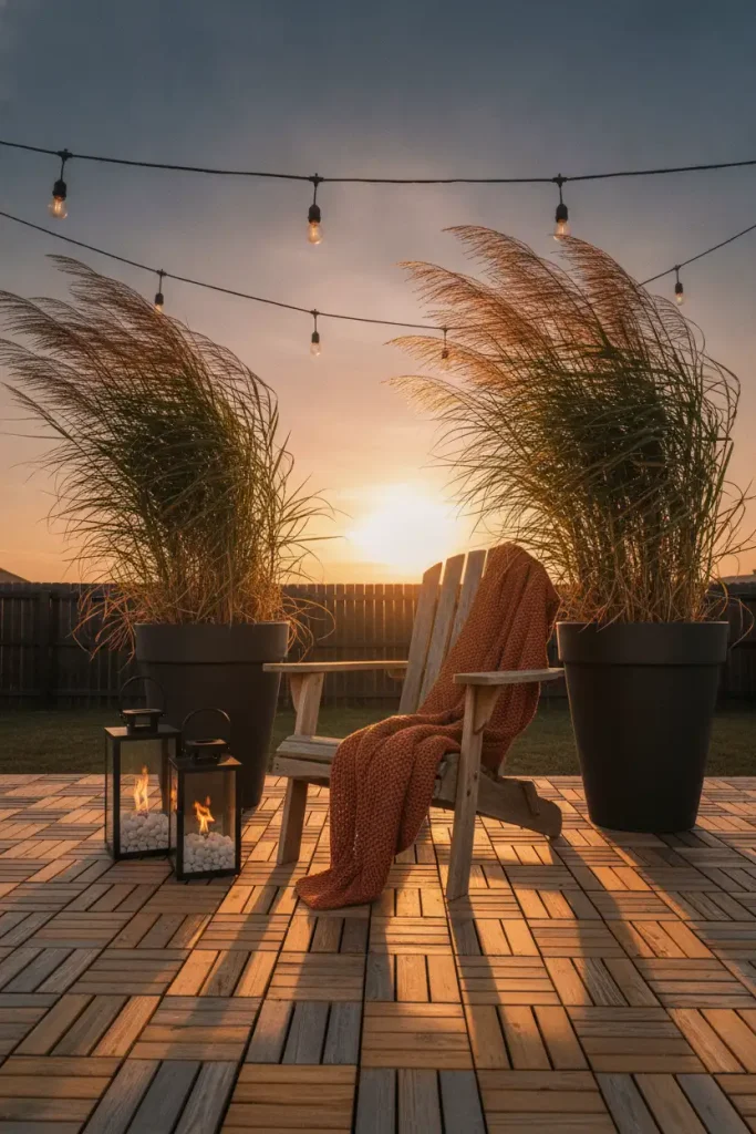 Fall deck ideas built to handle wind, with weighted planters and a low lantern